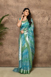 Rangkat Ocean Blue Pure Kora Organza Saree With Roopa Sona Booti